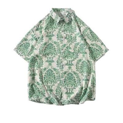 泰式古巴碎花衬衫男女宽松复古夏威夷度假宽松情侣装沙滩短袖衬衣