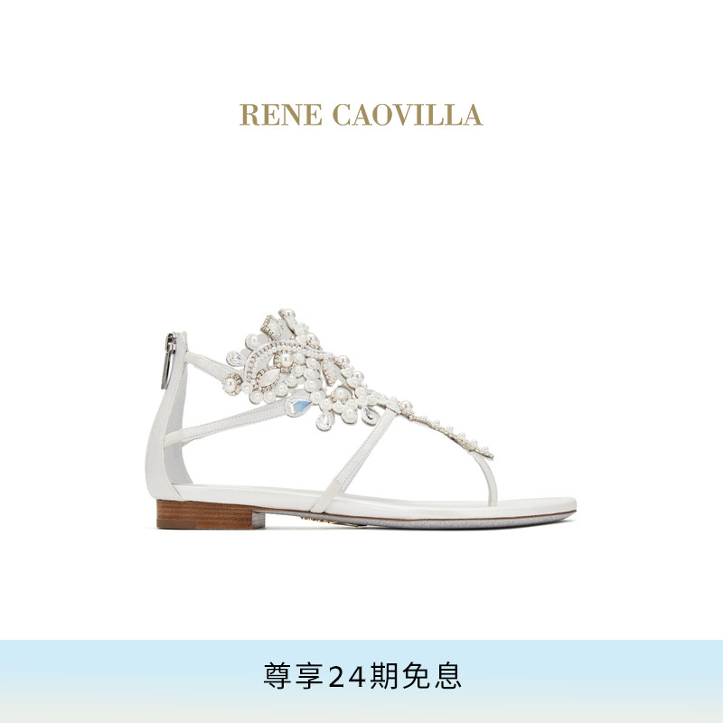 【春夏新品】RENE CAOVILLA VENEZIANA系列白色水钻女士平底凉鞋