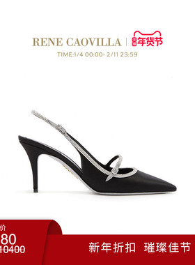 【新品直降】RENE CAOVILLA LILY系列黑色尖头水钻女士露跟凉鞋
