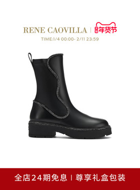【秋冬新品】RENE CAOVILLA ONDA系列黑色水钻圆头女士短靴