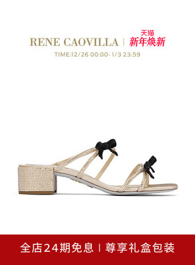 【礼物】RENE CAOVILLA CATERINA系列水钻蝴蝶结女士粗跟凉鞋