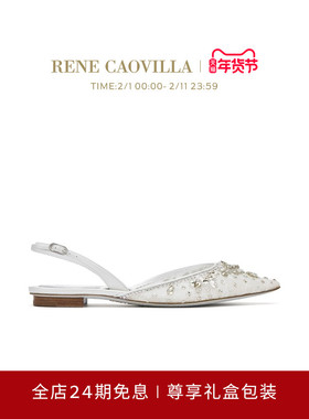 【秋冬新品】RENE CAOVILLA HINA系列白色尖头水钻女士平底凉鞋