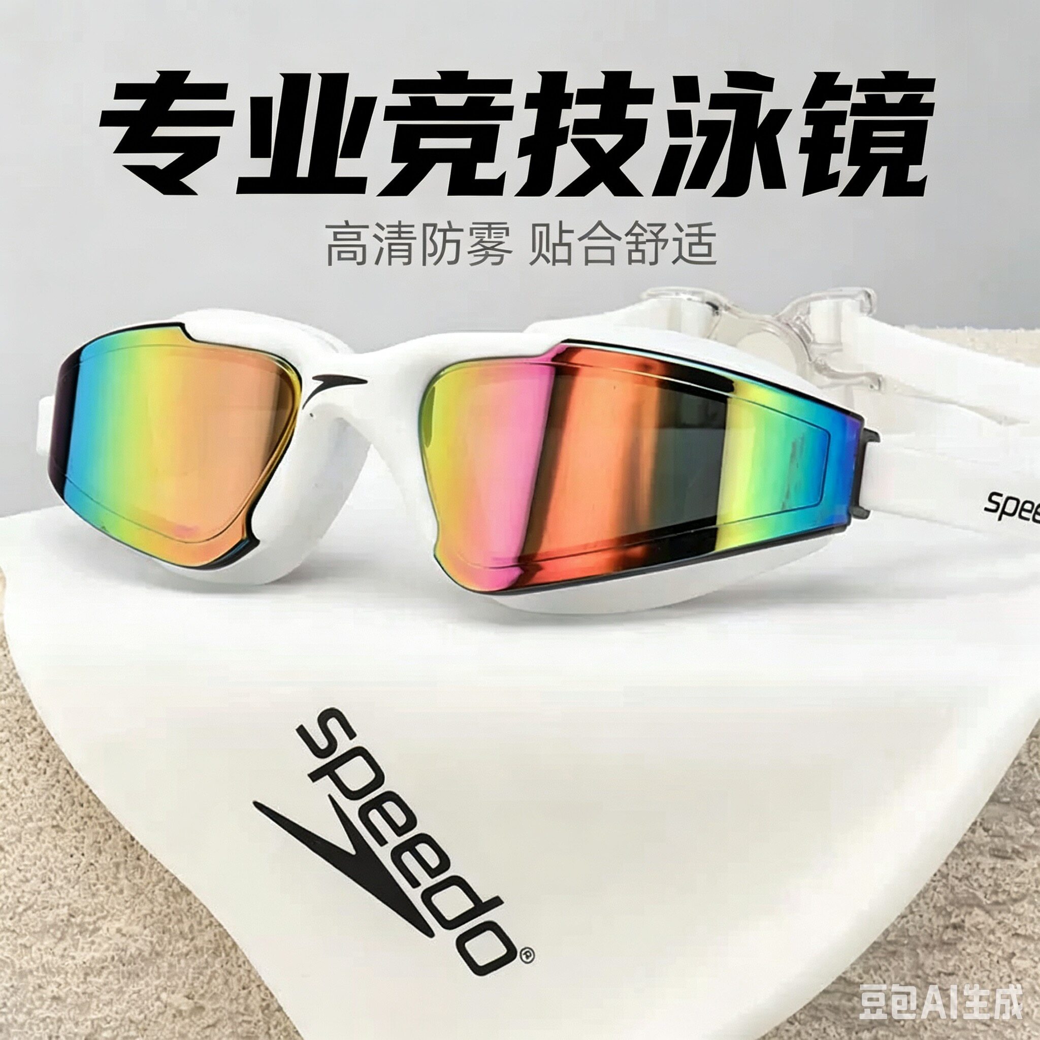 Speedo速比涛大款专业竞技泳镜高清防雾彩色镜片游泳眼镜泳帽套装
