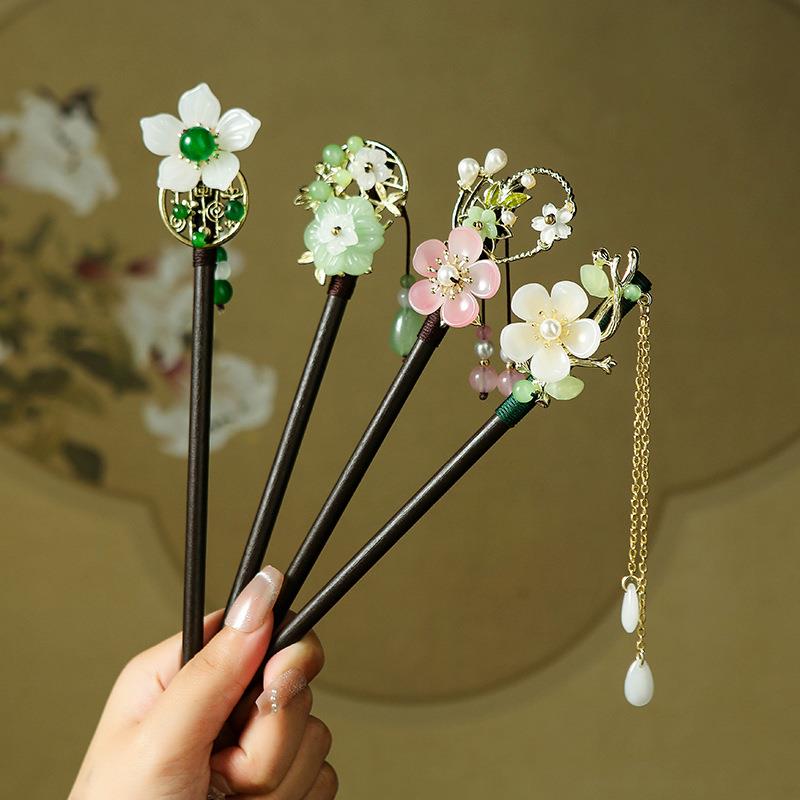 少女甜美桃花手工发簪国潮复古汉服旗袍配饰古风步摇流苏木质发钗
