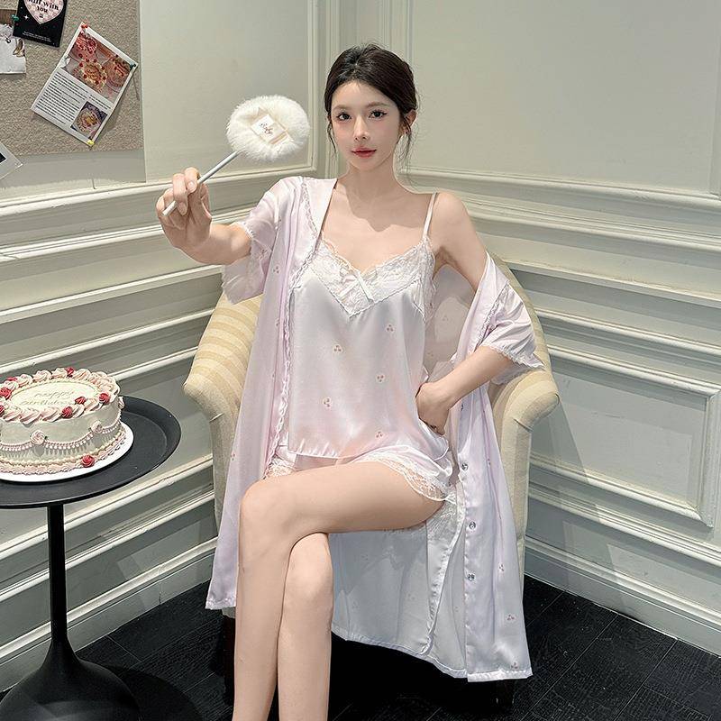 春夏秋季天性感吊带女士睡衣三件套新款冰丝短袖裤少女家居服
