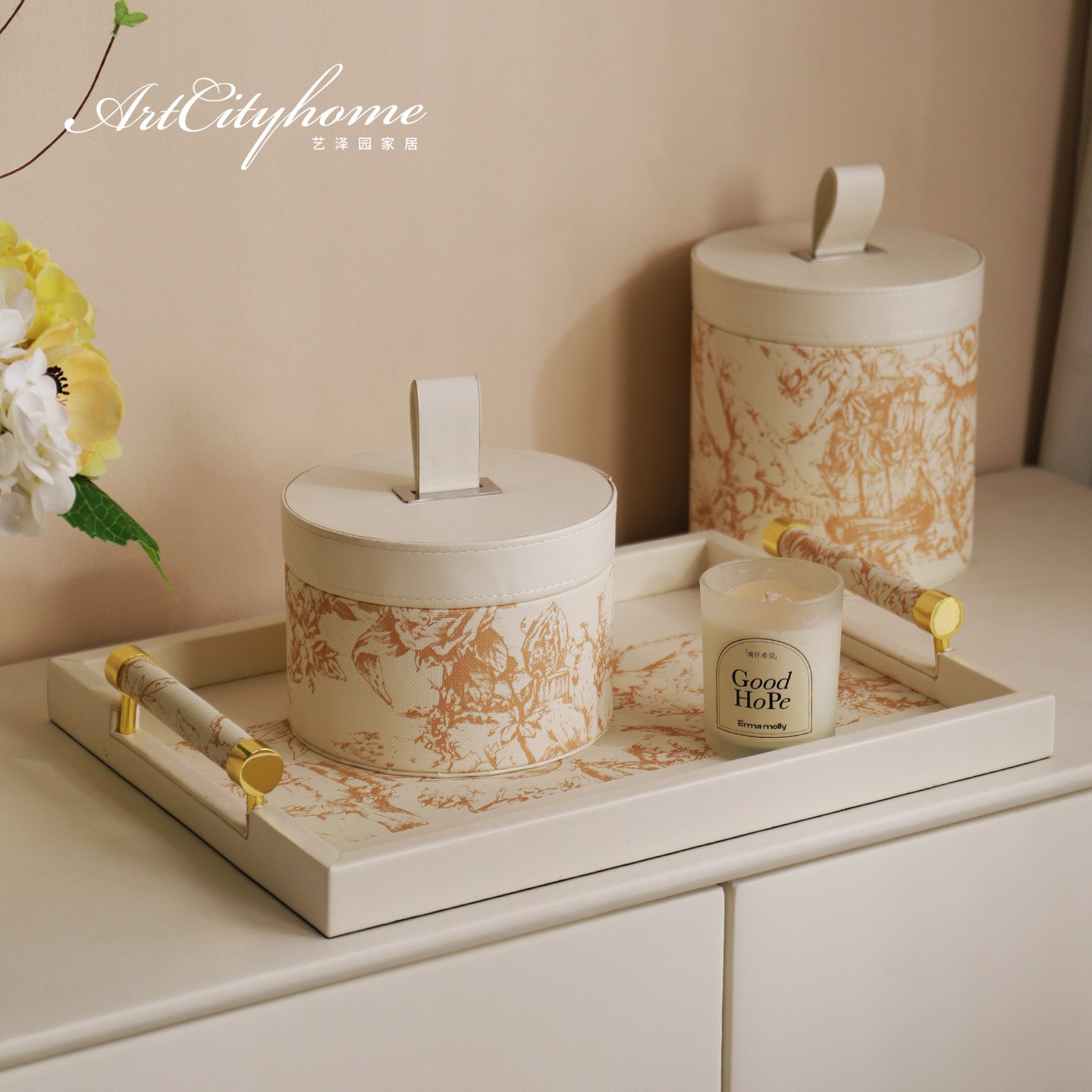 奶油风印花皮革收纳盒高级感茶几桌面圆筒首饰储物盒轻奢装饰摆件,收纳整理,桌面收纳盒,淘宝优惠券,粉丝福利购,淘宝优惠卷