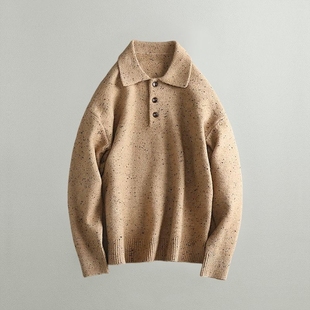 细毛线秋冬新款 韩系彩点翻领针织毛衣男女慵懒感简约休闲宽松上衣