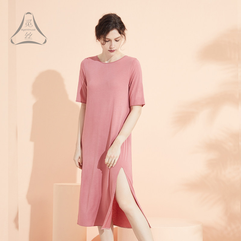 觅丝【裸感】莫代尔新款睡衣女家居服宽松孕妇短袖长款睡裙高级感