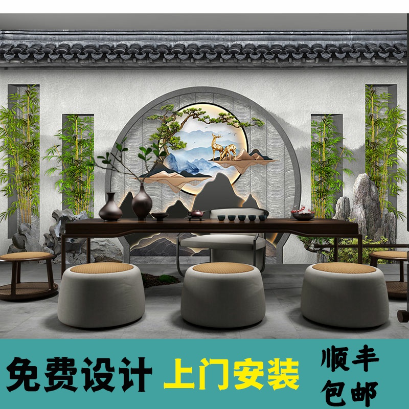 中式古典徽派建筑墙纸复古庭院景观装饰壁画茶楼茶室饭店餐厅壁纸图片