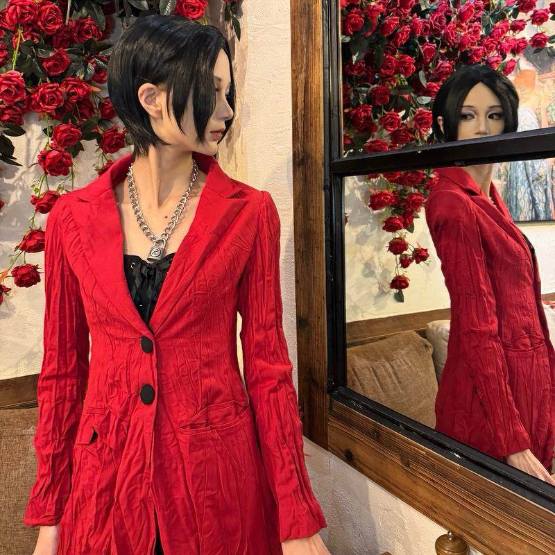 vivien中古风原创哥特洛丽塔朋克红黑不规则褶皱收腰西装裙外套