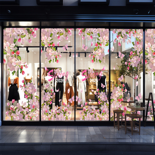 新品上市装饰布置玻璃贴2026春季上新商场服装氛围樱花静电贴