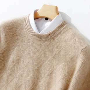秋冬新款 100%纯羊毛衫 男圆领提花席编宽松套头毛衣羊绒针织打底衫