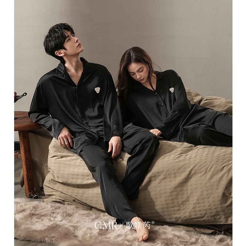 情侣睡衣女春秋款冰丝长袖男士仿真丝绸高级感家居服大码黑色套装