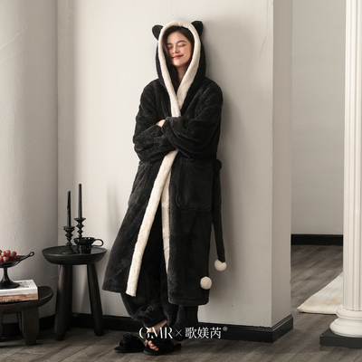 秋冬加厚珊瑚绒女睡袍套装长款