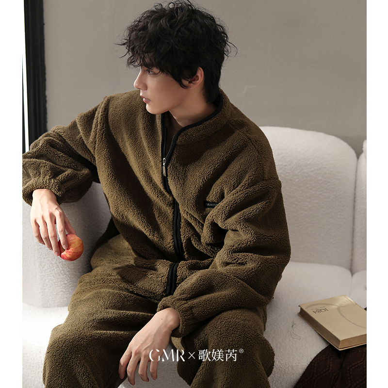 秋冬季加绒加厚睡衣男士驼绒大码珊瑚绒可外穿保暖拉链外套法兰绒