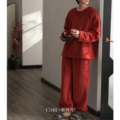 男士本命年大红色睡衣冬季加绒加厚圆领两件套装大码可外穿珊瑚绒