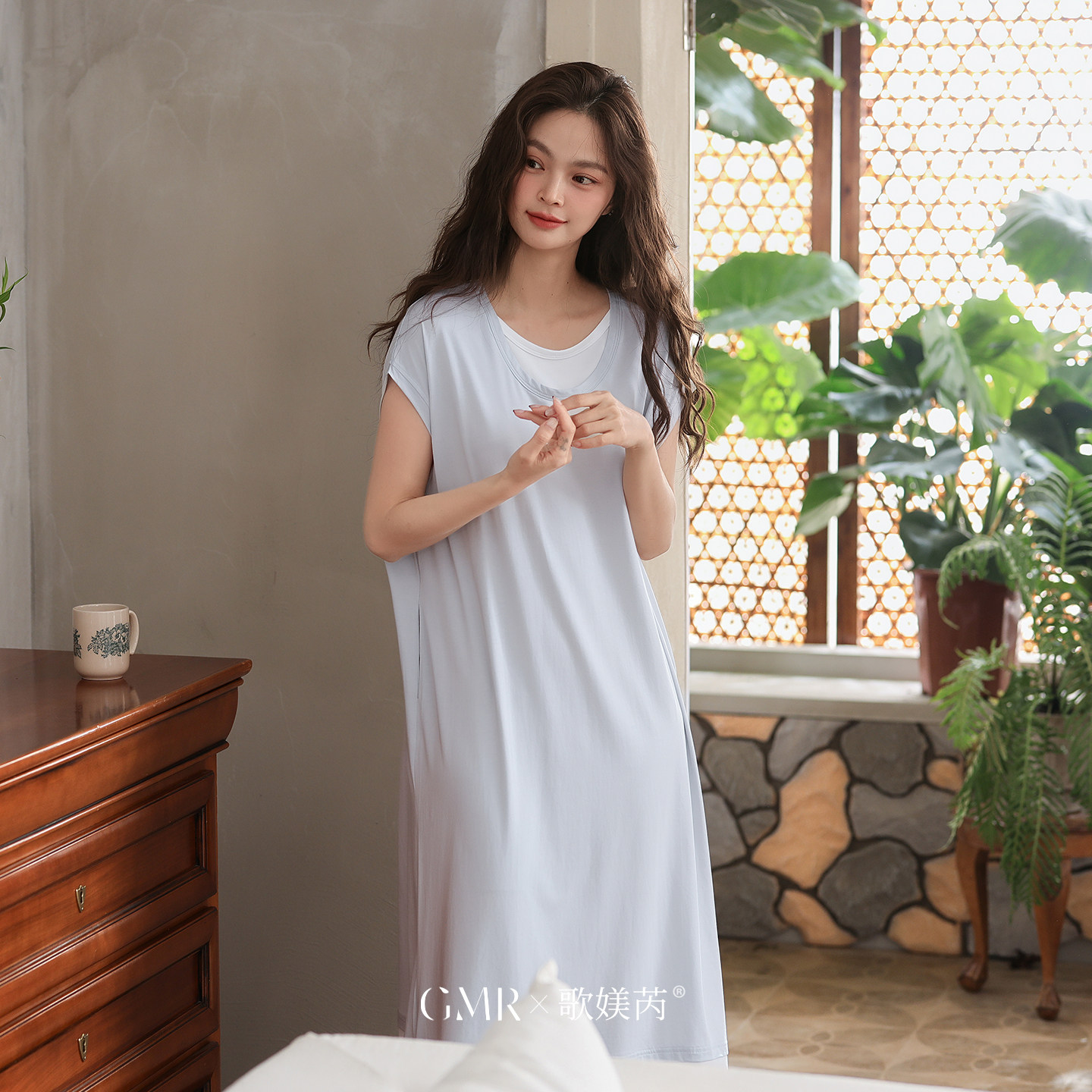 歌媄芮深睡睡裙女士夏季凉感莫代尔棉短袖简约风假两件睡衣夏薄款