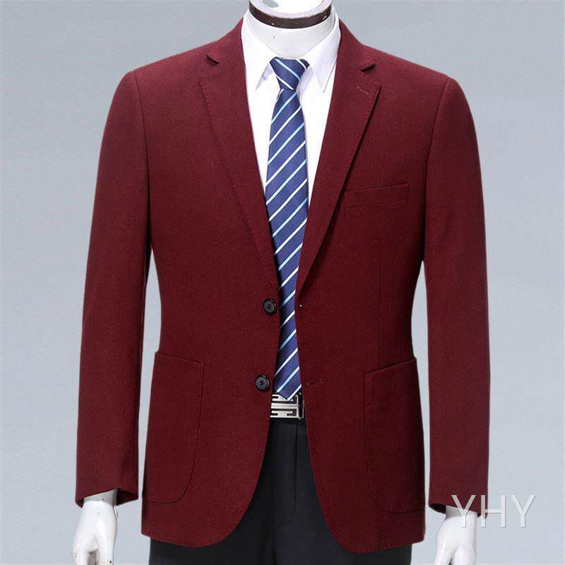 红色西服男士商务休闲西装大码婚礼服中年爸爸羊毛喜公公上衣外套