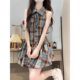 气质辣妹收腰短裙套装 2025新款 学院风蓝色格纹连衣裙子女夏季 法式