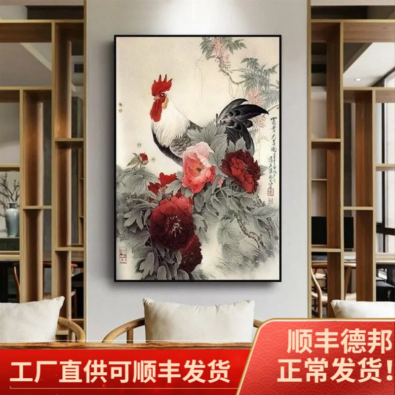 金鸡报晓图竖版晶瓷装饰画雄鸡图玄关画简约大公鸡大吉大利公鸡图图片