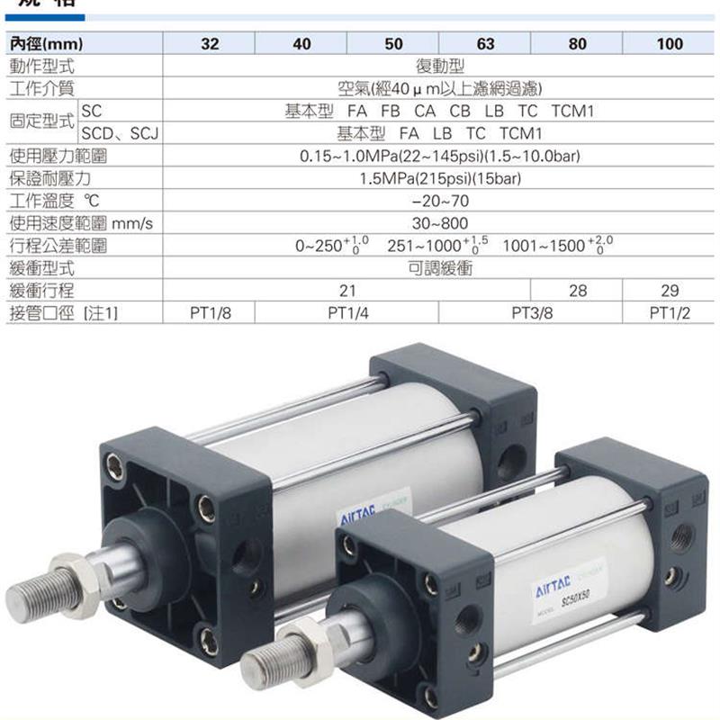 亚德客气动大推力拉杆式标准气缸SC32/40/50/63-100x25*50x75x300