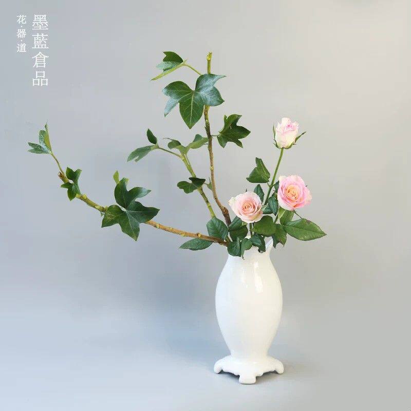 日式古典陶瓷花器 小原流飞鸟瓶花艺器皿 桌面用直立式插花课程标