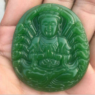 新疆和田玉碧玉观音吊坠 男款菠菜绿千手观音玉牌挂件玉观音