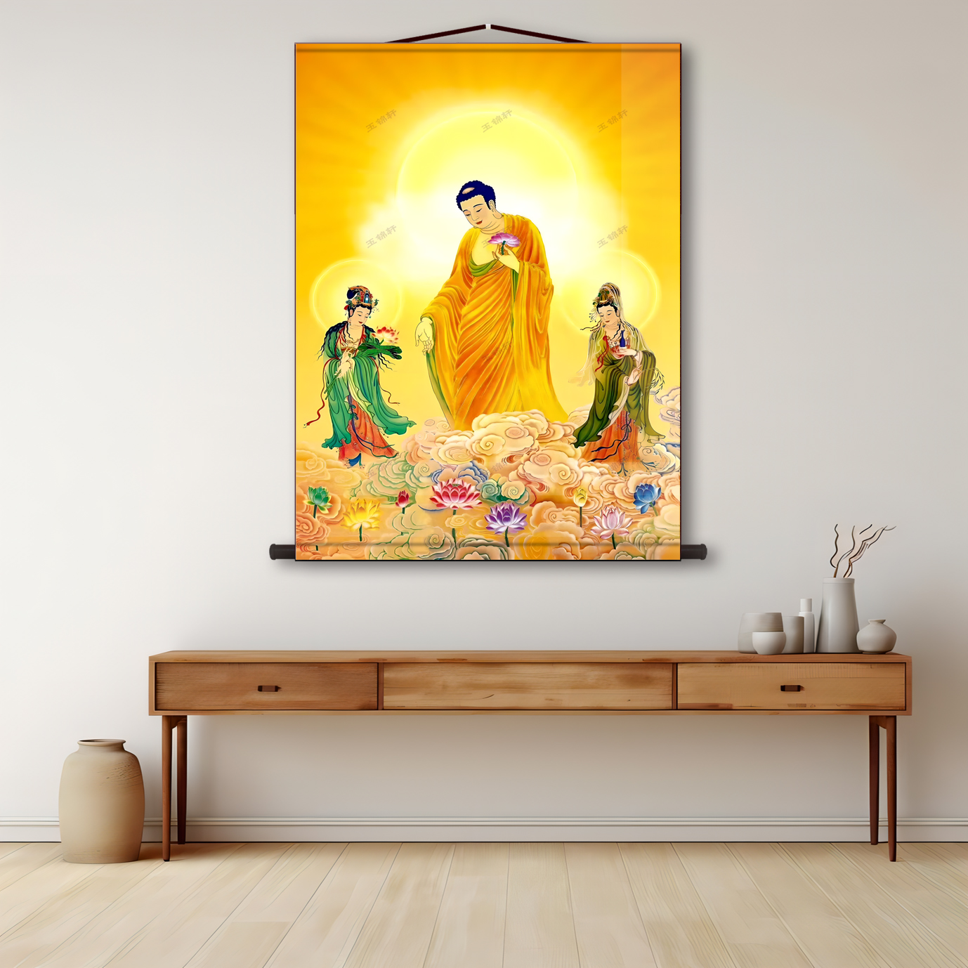西方三圣阿弥陀佛大势至观世音三尊画像丝绸卷轴画佛堂客厅装饰画