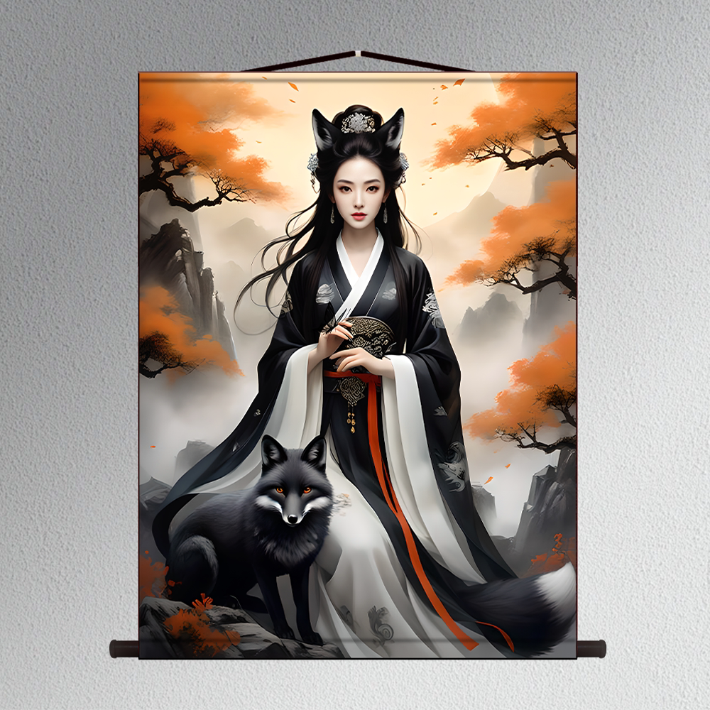 黑色九尾狐挂画女狐娘娘胡九霄胡家东北出马客厅堂口装饰画三尺三
