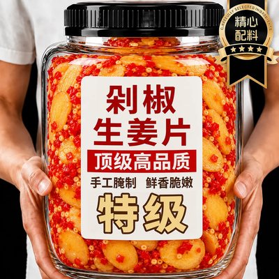 四川特产剁椒生姜片即食仔姜片新鲜腌嫩姜泡菜下饭菜500g腌制香辣