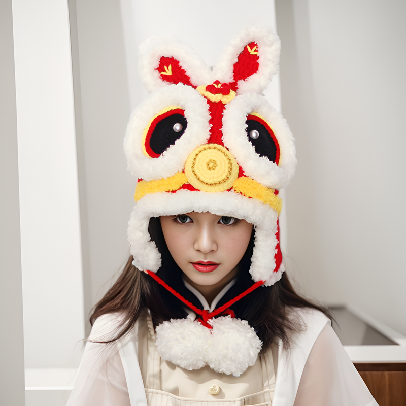 虎头帽材料包diy手工钩针毛线编织婴儿成人龙头醒狮兔子护耳帽子