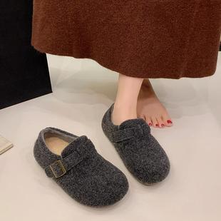 复古圆5头毛加绒勃鞋女202秋一冬季新肯款脚蹬皮带扣保暖棉鞋毡子