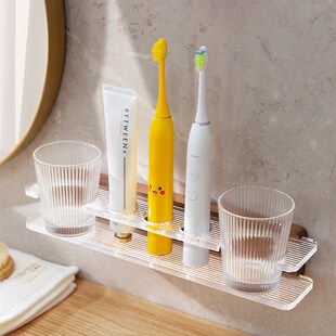 台面牙具牙杯收纳架挂架免打孔轻奢亚克力木 电动牙刷置物架壁挂式