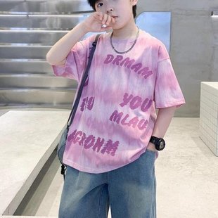 兒童夏裝 男童粉色短袖 2025新款 上衣涼感中大童半袖 t恤夏季 痞帥風(fēng)T