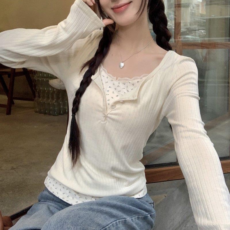 碎花长袖t恤打底衫假两件拼接甜美温柔修身显瘦蕾丝边春秋上衣女