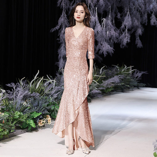 礼服裙晚宴主持人年会礼服秋鱼尾晚礼服2024新款银色亮片气质优雅