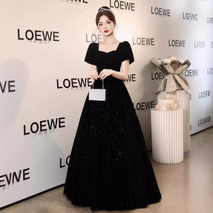 黑色晚礼服新款丝绒长款学生声乐艺考钢琴礼服裙年会主持礼服成人