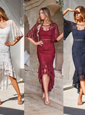 夏季连衣裙新款蕾丝白色中裙欧美外贸亚马逊修身鱼尾裙连衣裙