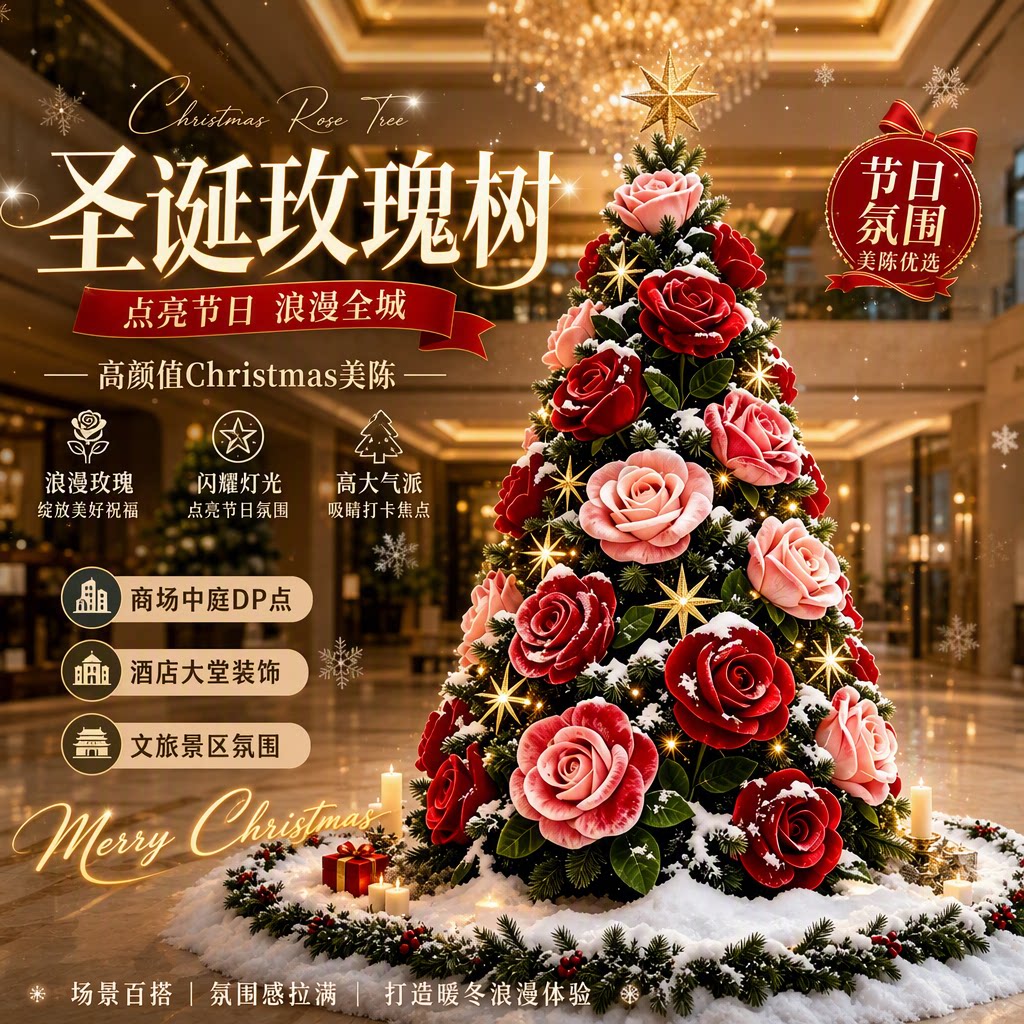大型仿真玫瑰花LED发光圣诞树定制商场步行街圣诞节氛围布置道具