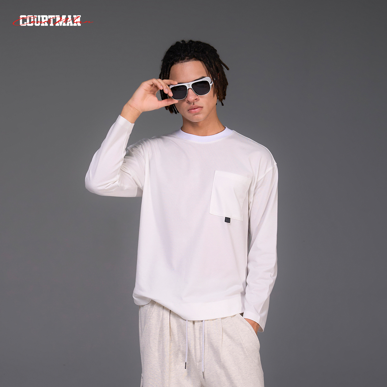 COURTMAN野球帝 基础款简约口袋长袖T恤秋季新款情侣宽松百搭打底