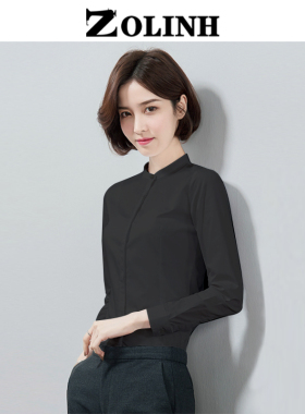 黑色衬衫女立领长袖打底衬衣休闲职业正装内搭夏季气质通勤工作服
