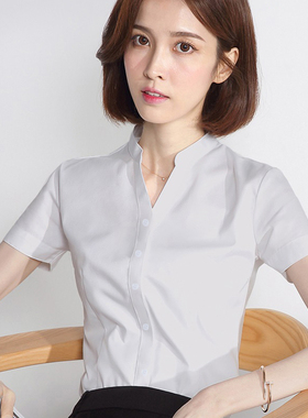 v领白衬衫女职业正装夏短袖通勤修身立领衬衣百搭新款4S店工作服