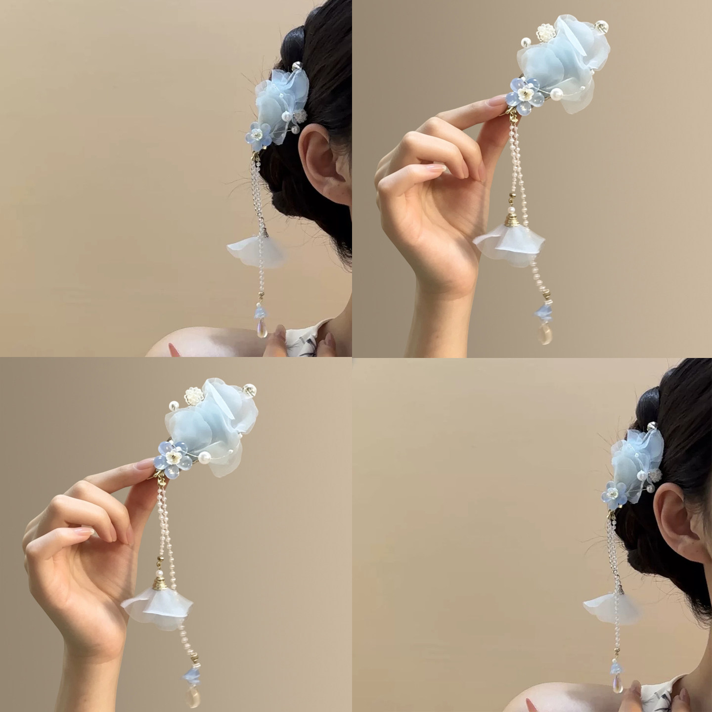 氛围感冰透蓝花瓣串珠发夹女新中