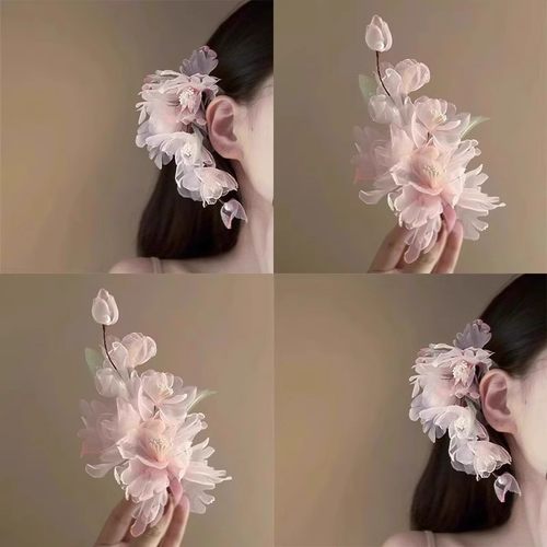 仙气古风渐变粉色烫花发夹花枝