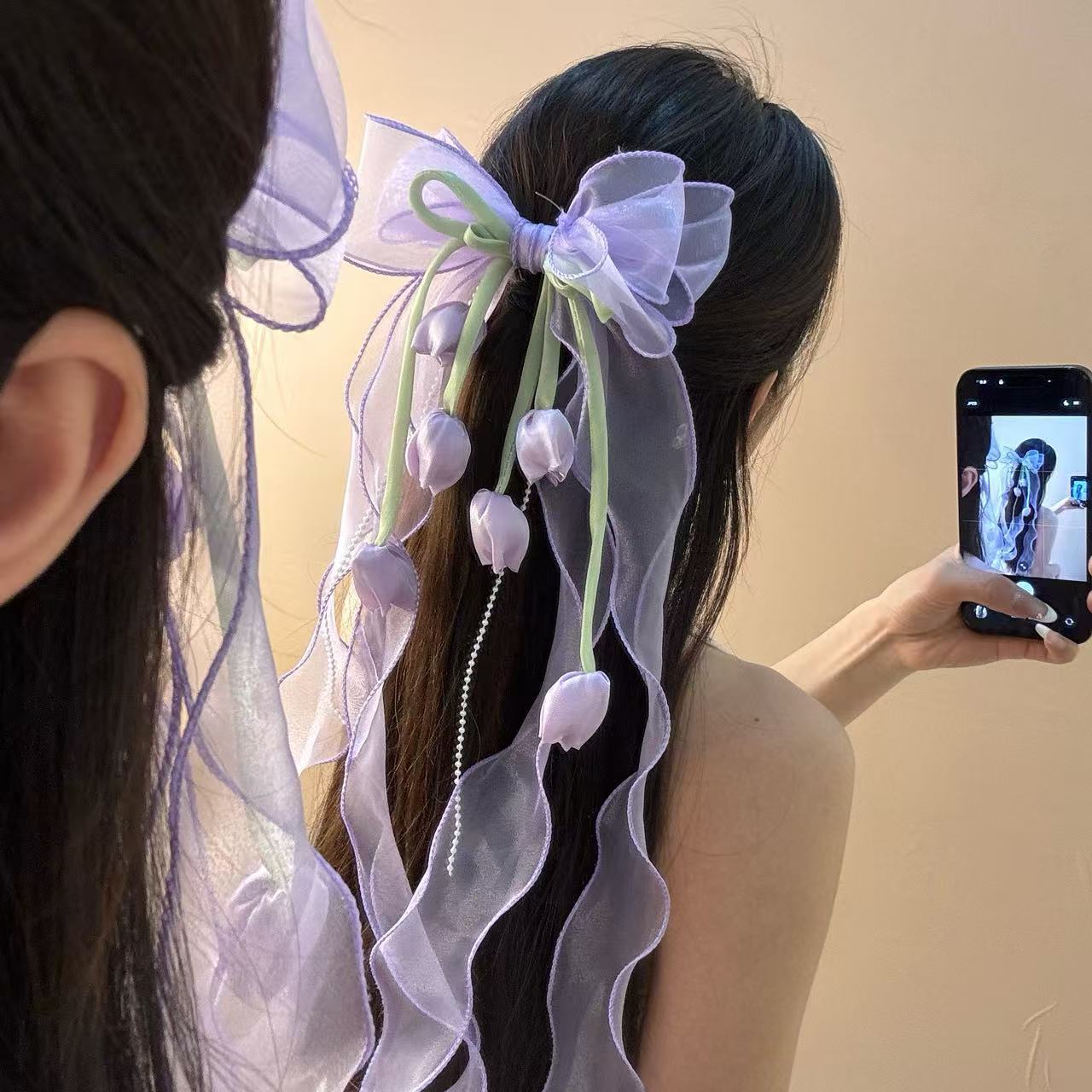 温柔紫色郁金香蝴蝶结发夹女!