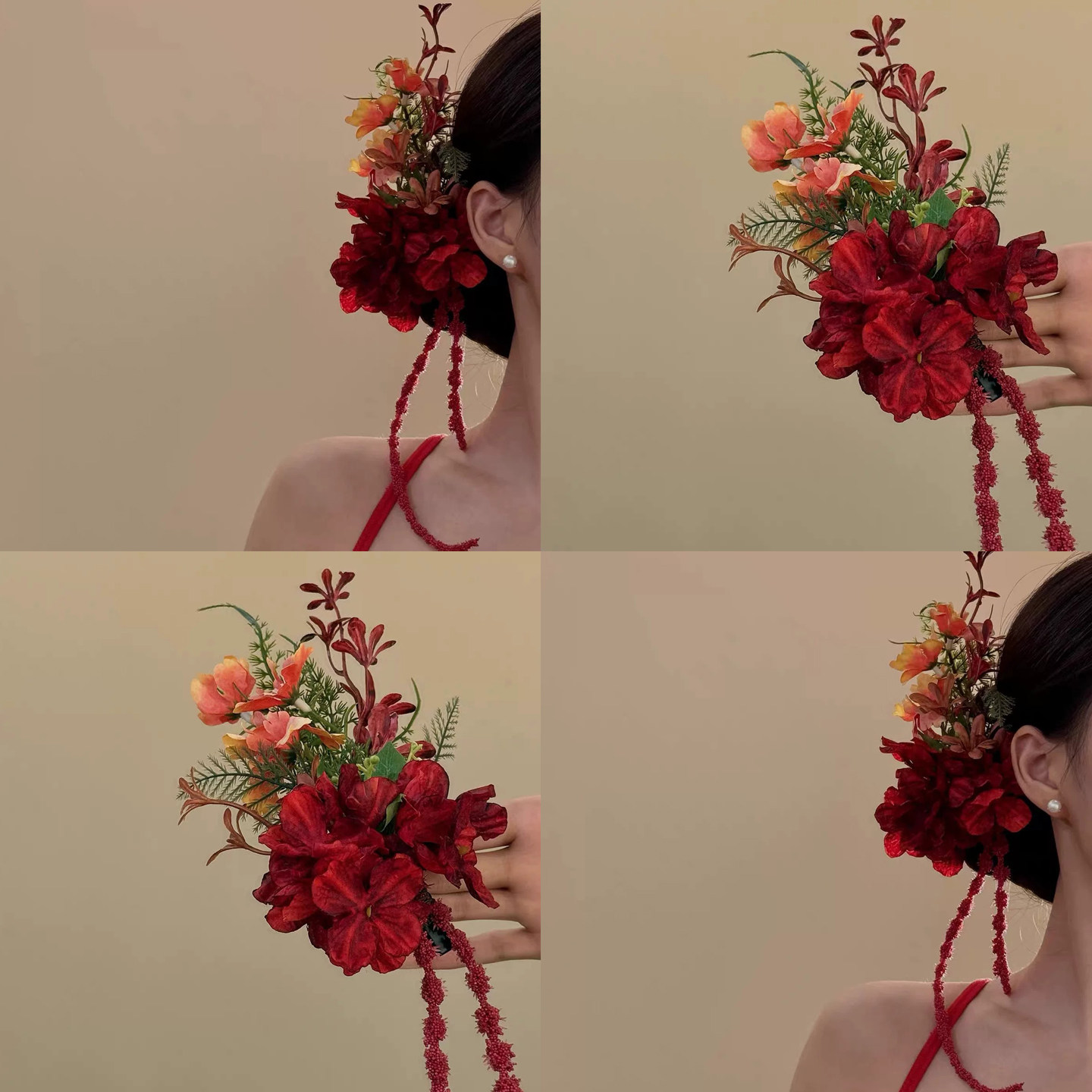 新中式红色仿真花朵发夹新娘结婚