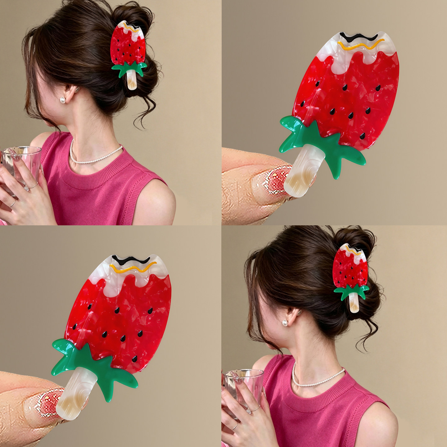 莓果凉夏甜美草莓棒冰醋酸发夹女