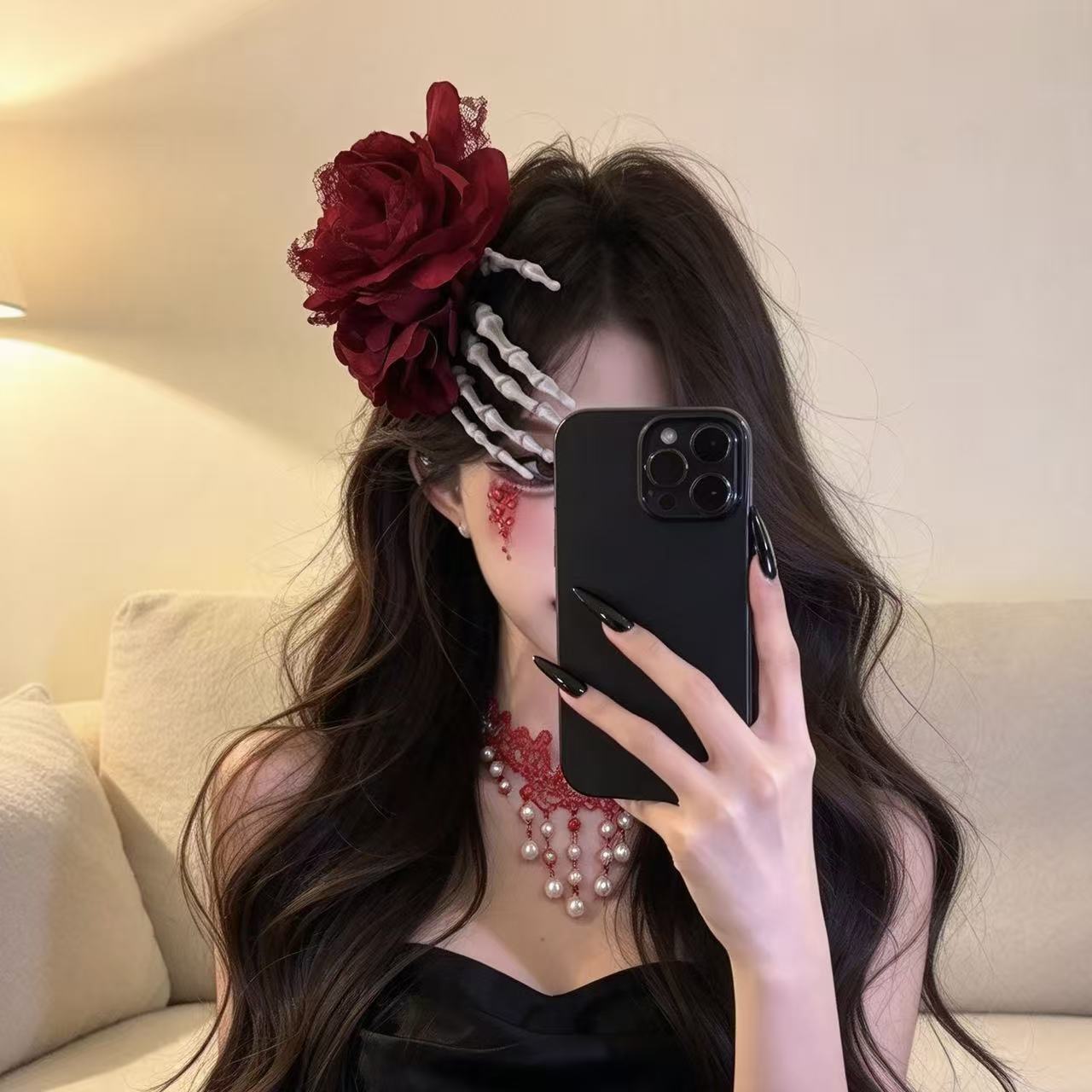复古红色玫瑰骷髅手发夹女万圣节