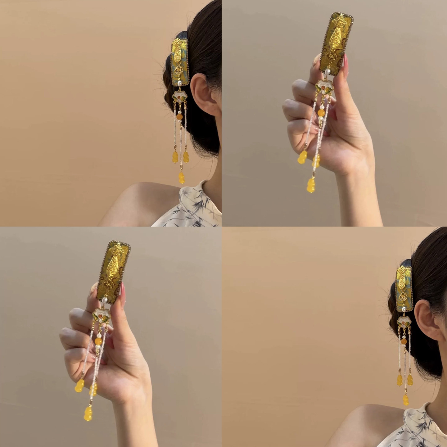 新中式金色贵气流苏发夹女高级感