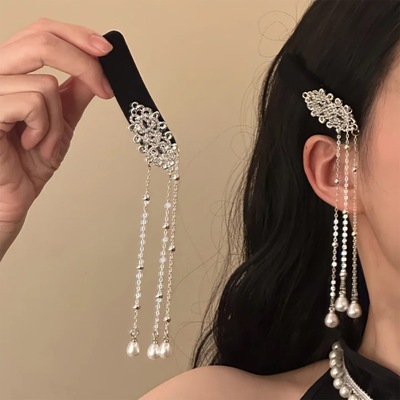 新款新中式黑色丝绒流苏发夹女